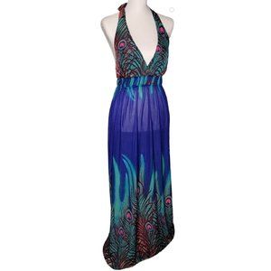 Royal Blue and Teal Peacock Feather Halter Maxi Dress – Size Medium